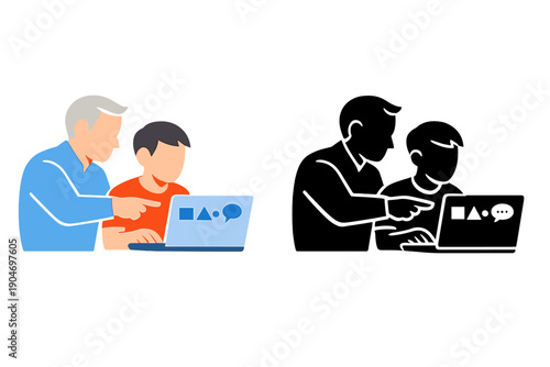 Two people work together on a laptop in a learning session about shapes and symbols with active participation and guidance in a casual setting