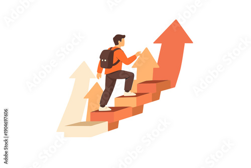 Person climbs steps while upward arrows show growth and progress in a simple design that highlights effort and achievement in a focused manner