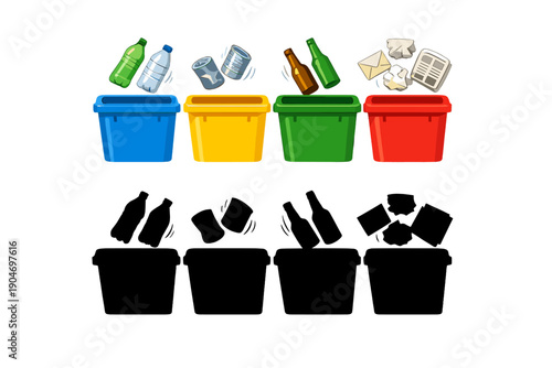 Different types of waste are sorted into bins for recycling and proper disposal to promote environmental care in a city setting