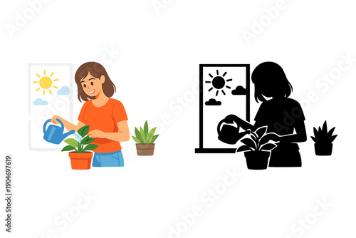 Growing plants indoors at home during the day while using a watering can near a sunny window scene captured with two contrasting depictions