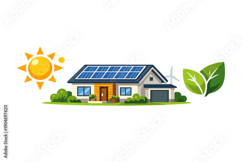 Solar powered house with wind energy and green elements shows the future of sustainable living options in a sunny setting