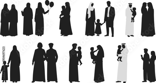 Arab family silhouettes, Muslim parents and children, traditional clothing, parenting, motherhood, fatherhood, family bonding, cultural diversity, silhouette set, isolated background