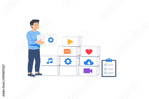 Person stacks boxes with digital icons while holding one box in a work setting, during a productive day focused on tech tasks and organization