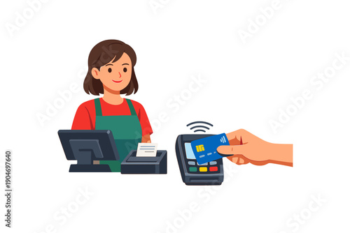Cashier stands at the checkout counter while a customer makes a contactless payment with a card in a store setting