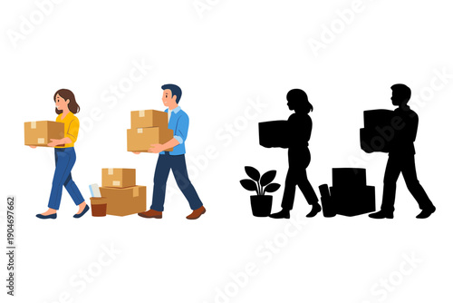 People carry boxes across a space with one person holding a plant in the background during a moving day or relocation process