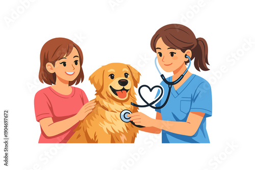 Vet checks golden retriever with owner present in a clinic during a checkup in bright and friendly environment