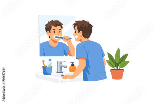 Person brushes teeth in bathroom in morning while looking in mirror