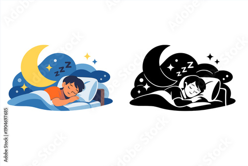 Sleeping boy in bed on one side with light colors and a night scene in dark colors on the other side showing the difference between restful sleep and sleep disturbance