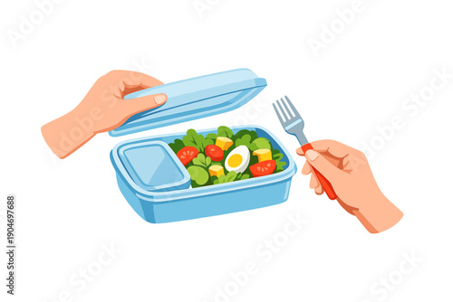 Hands open a lunch container to reveal a salad with vegetables and an egg while holding a fork in the other hand