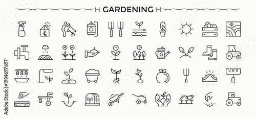 Gardening line icon set. Minimal icons pack. Gardening vector icon set. It contains symbols to wheelbarrow, garden, tools, seed, water, tool and more.