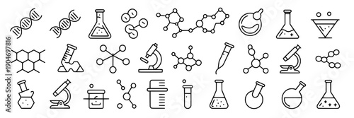 Laboratory equipment set with various science icons and molecular structures outlined in simple line art style featuring chemistry, biology, research with experiment and scientific tools elements for