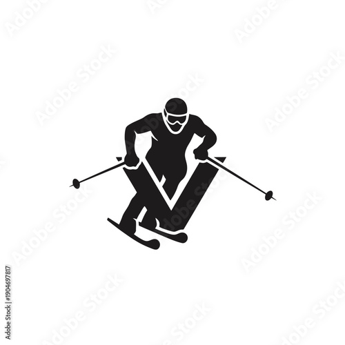 Silhouette of a skier performing a high jump in motion across a snowy slope.