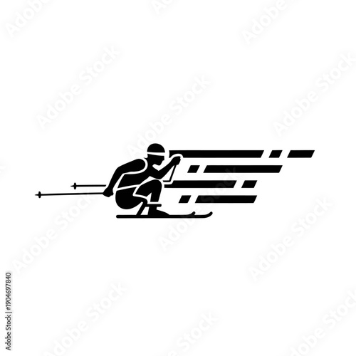 Minimalist silhouette of a snowboarder racing downhill with dynamic motion lines.