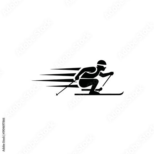 Dynamic silhouette of an alpine skier racing downhill in motion.