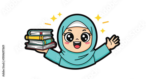 Cute Muslim girl in hijab holding a stack of books, happy and excited, cartoon illustration with sparkles