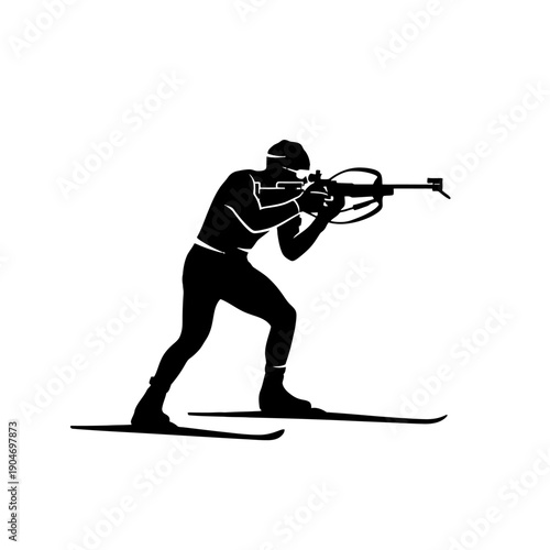 Silhouette of a biathlete aiming with a rifle during a snowy competition.