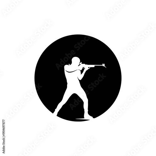 Silhouette of a person aiming a rifle inside a black circle on a white background.
