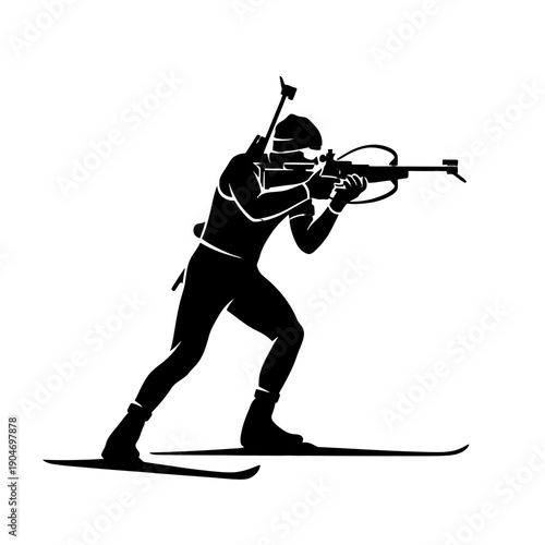 Biathlon Athlete on Snow Skiing Silhouette Aiming Rifle in Winter Competition.