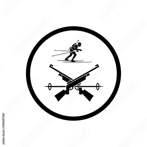 Biathlon Emblem: Skier Jumping Over Crossed Rifles Inside a Circle, Silhouette Logo.