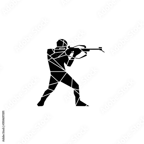 Silhouette of a shooter aiming a rifle in a standing stance, geometric fragmented design.