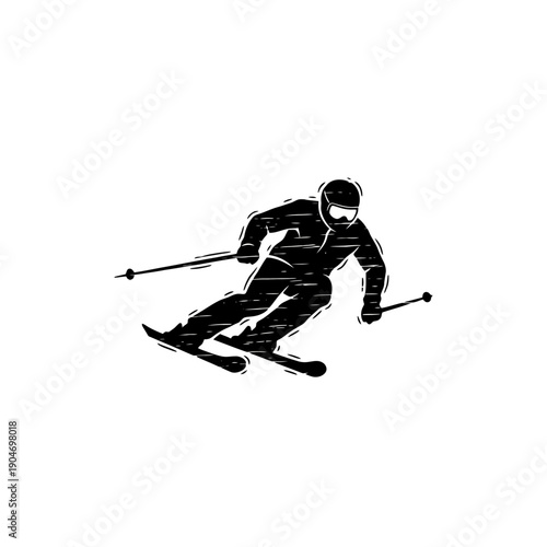 Skier in motion carving turn on snowy slope silhouette in action on a winter mountain.