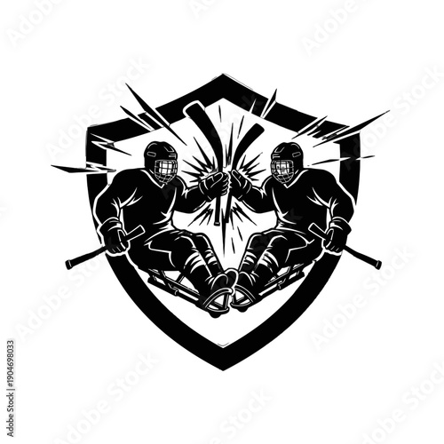 Symmetric duel rowers emblem featuring crossed oars and shield motif.