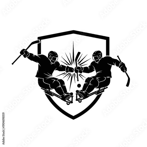 Duel of armored knights bursting through shield emblem in a bold monochrome logo design.