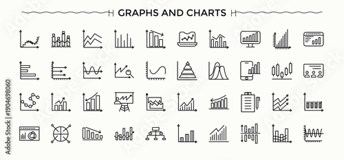 Graphs And Charts line icon set. Presentation icon set. Minimalist icons pack. Featuring data, business, statistic, analysis, growth, graphic and more. Editable stroke. Vector illustration.