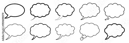 Speech bubbles set with various styles and shapes for comic, cartoon, and illustration use featuring dialogue, conversation, chat with talk and cloud elements for black, white projects, clean