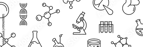 Laboratory icons set with biology, chemistry, and medical symbols in simple line art style featuring science, research, education with healthcare and microbiology elements for anatomy, molecular
