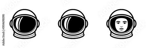 Astronaut helmet icons with different face visibility styles in black and white line art featuring space, icon, vector with illustration and science elements for exploration, space travel projects,