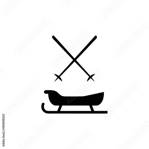 Minimalist icon of a dog sled with crossed paddles above in black outline, simple graphic design.