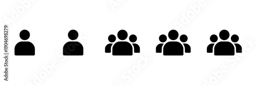 Users group icons set with varying number of people in black simple design featuring team, members, social with network and community elements for profiles, avatars projects, clean composition on