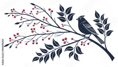 Artistic linocut illustration of a bird perched on a branch with red berries and leaves