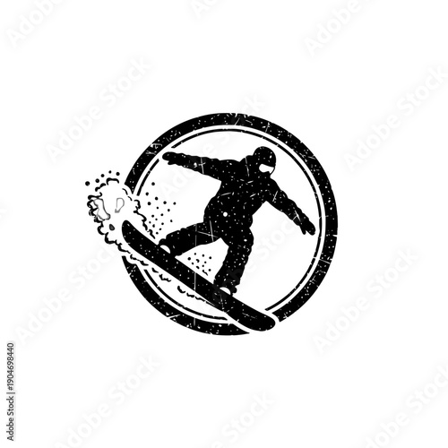 Dynamic snowboarder in circular stamp badge silhouette in motion.