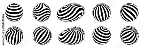 Spheres striped set with various patterns and black white design elements for abstract art featuring shapes, graphic, illustration with optical illusion and 3D effect elements for vector, graphics