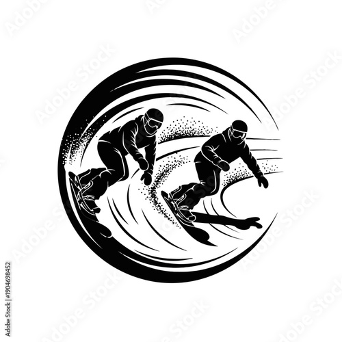 Two surfers riding a powerful circular wave in a bold black emblem style.