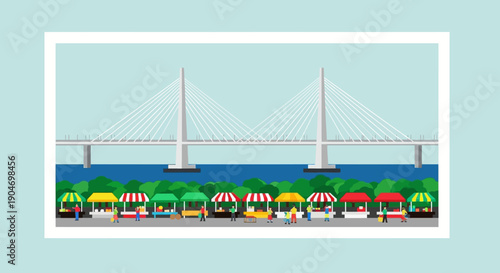 Urban waterfront cityscape illustration featuring a suspension bridge and a vibrant street food market with colorful stalls and people enjoying the scene under a clear sky