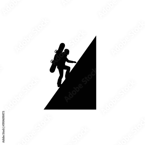 Silhouette of a climber ascending a steep slope, depicting mountaineering action and rugged terrain.