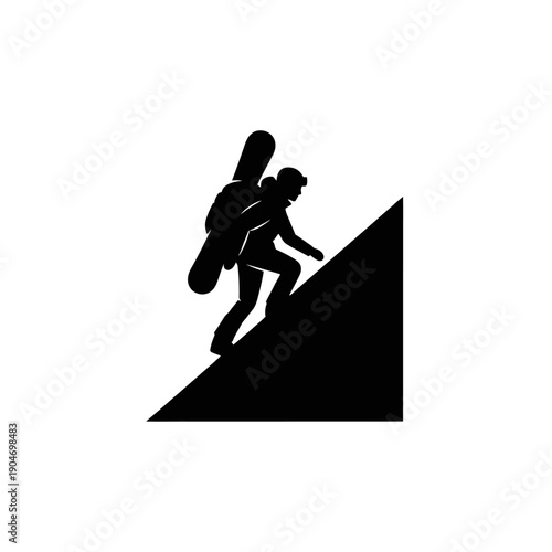 Man climbing mountain with snowboard.