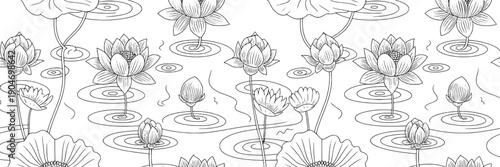 Lotus flowers hand-drawn set with intricate line art and detailed petals floating on water featuring nature, illustration, botanical with sketch and pond elements for aquatic, serene projects, clean
