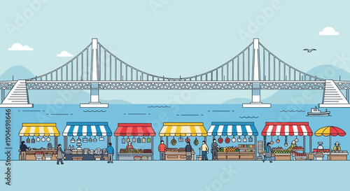Scenic waterfront marketplace beneath a grand suspension bridge, vibrant stalls offering diverse goods and local crafts, bustling with shoppers enjoying the fresh air and beautiful views