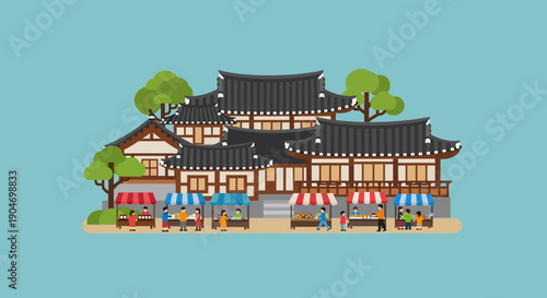 Traditional Korean Marketplace with stalls and people enjoying shopping, showcasing cultural heritage and vibrant community life in a serene setting