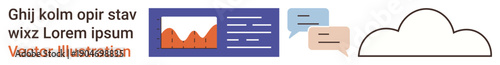 Data analysis, cloud computing, communication tools, information sharing, digital marketing, technology interface. Graph with statistics, speech bubbles and cloud icon. Data analysis and cloud