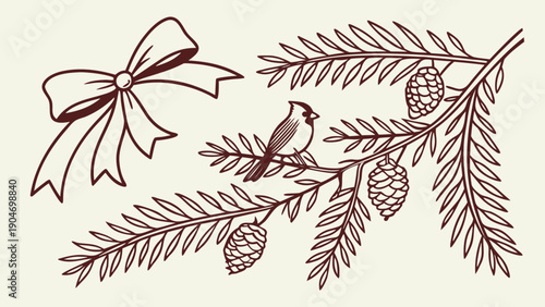 A brown line art drawing featuring a large ribbon bow and a fir tree branch decorated with three pine cones and a small perched cardinal bird.