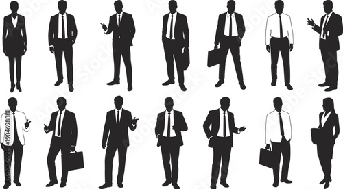 Business people silhouette collection, professional men and women in suits standing poses, corporate character set isolated on white