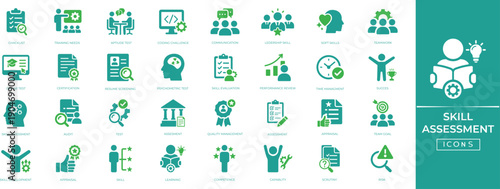 Skill Assessment Icon Set. HR, interview, hiring, evaluation, teamwork, and employment process glyph vectors. Solid icon collection.