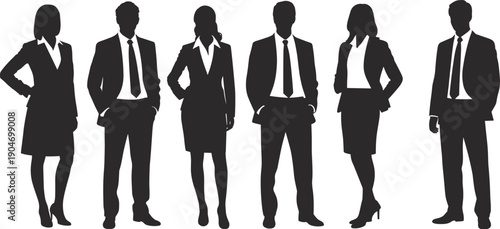 Business people silhouette illustration set, professional men and women in formal suits standing poses, corporate team vector isolated