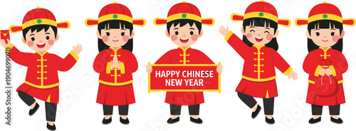 Cute Cartoon Children Set Celebrating Happy Chinese New Year Wearing Traditional Red Costumes Holding Lucky Envelopes And Festive Banners For Lunar New Year Greeting Graphics