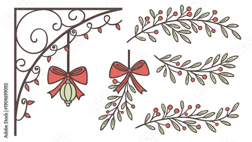 A decorative holiday collection featuring a scroll corner bracket with a hanging ornament a bow-tied berry sprig and several arched leaf and berry branches.